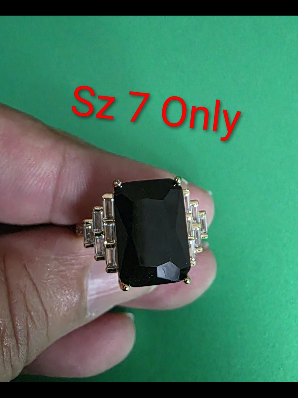 14k Gold Plated Black Statement Cocktail Ring with Clear Accent Stones - Size 7